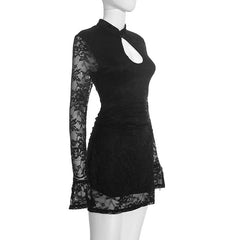Black Lace Keyhole Mock Neck Mini Dress