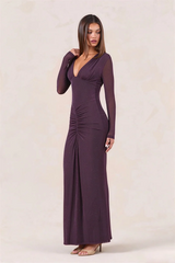 Sequin V-neck Ruched Detail Long Sleeve Maxi Dress