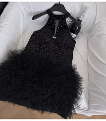Sequined Halter Neck Ruffle Detail Mini Dress