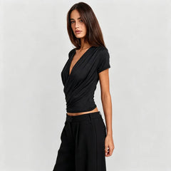 Draped V neck Short Sleeve Top