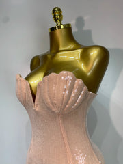 Strapless V-Neck Sequin Column Maxi Dress