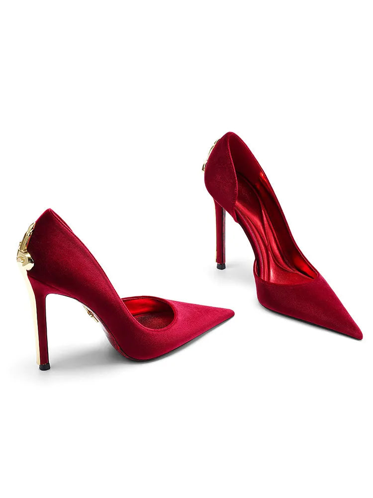 Pair of red high-heeled shoes on a white background