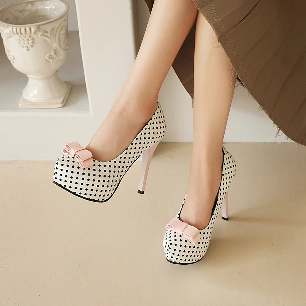 White polka dot bow platform heels