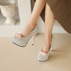 White polka dot bow platform heels