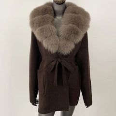 chocolate brown belted knit coat with chestnut fur collar