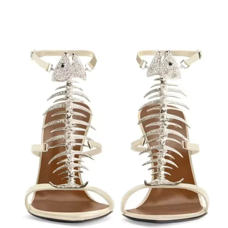 White leather crystal fishbone stiletto sandals