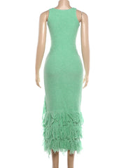 Scoop Neck Sleeveless Tassel Hem Knit Sheath Mid-Calf Dress