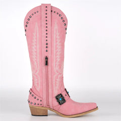 Embroidery Buckle Knee High Boots