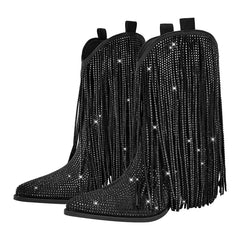 Black cowboy boots with fringes and rhinestones on a white background