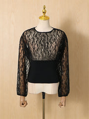 Black Lace Round Neck Long Sleeve Top