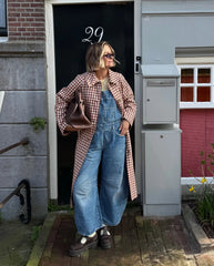 Red Gingham Lapel Long Trench Coat