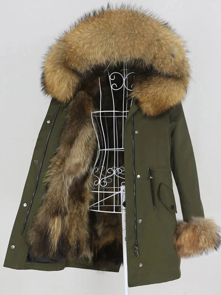 Green parka coat with fur hood and cuffs on a mannequin against a white background