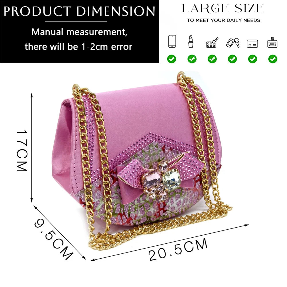 Pink handbag with gold chain and measurements on a white background