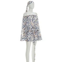 Blue Animal Print Striped Off-Shoulder Mini Dress