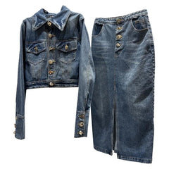 Turn Down Collar Metal Buttons Blue Denim Jacket Long Skirt Set