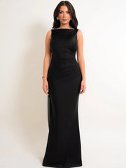 One Shoulder Low Back Draped Buckle Maxi Dress