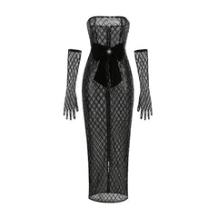 Black Strapless Sequin Mesh Long Dress with Gloves