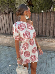 Flower Printed One Shoulder Bodycon Pink Short Dress