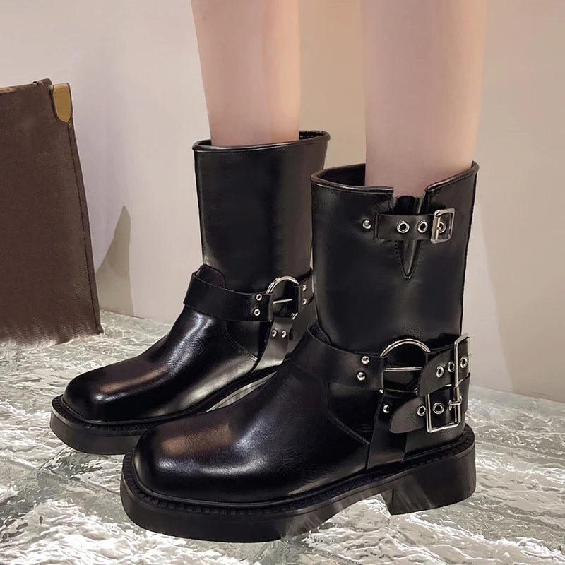 Buckle Strap Mid-Calf PU Leather Square Toe Thick Heels Boots