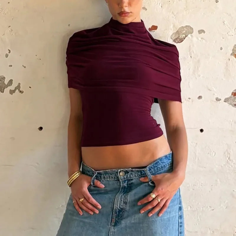 Burgundy draped turtleneck short sleeve cropped top