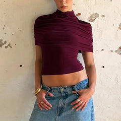Burgundy draped turtleneck short sleeve cropped top