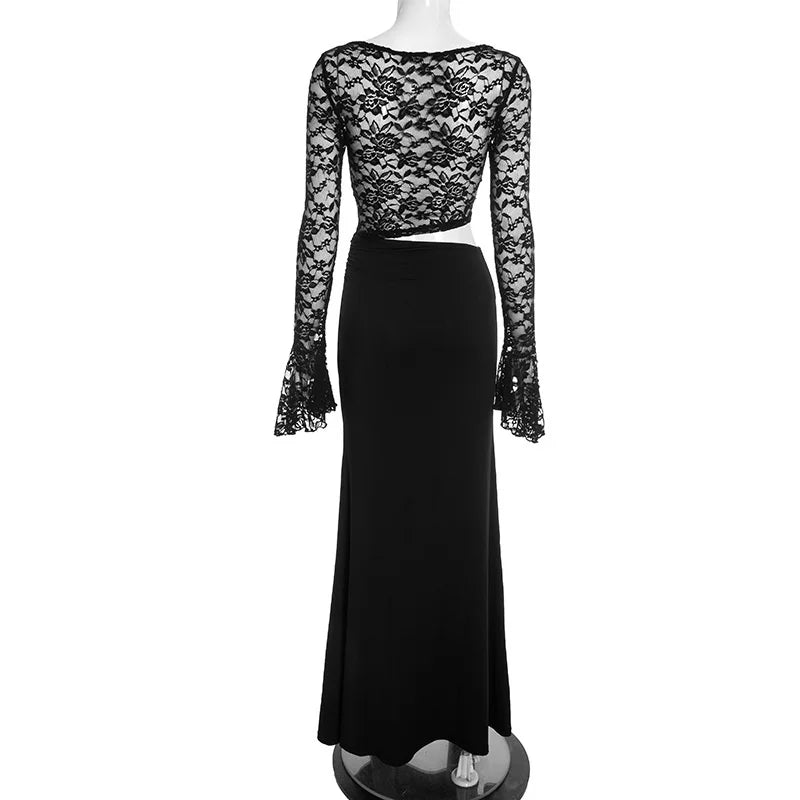 Black lace long-sleeve top and black skirt on a mannequin against a white background