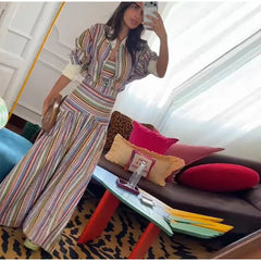 Striped button-front shirt and maxi skirt set