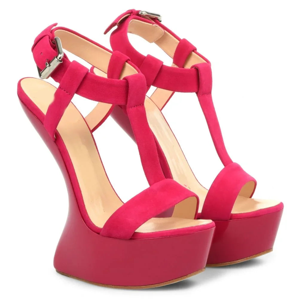 Pink suede platform wedge ankle strap heels