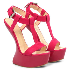 Pink suede platform wedge ankle strap heels