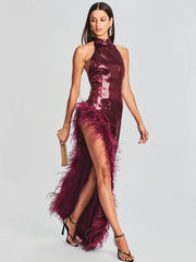 Halter Feather Sequin Backless Women's Wine Red Dress