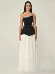 Strapless Diamonds Patchwork Pleated Long Dress