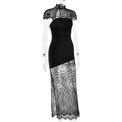 Black Lace Cape Sheer Panel Dress