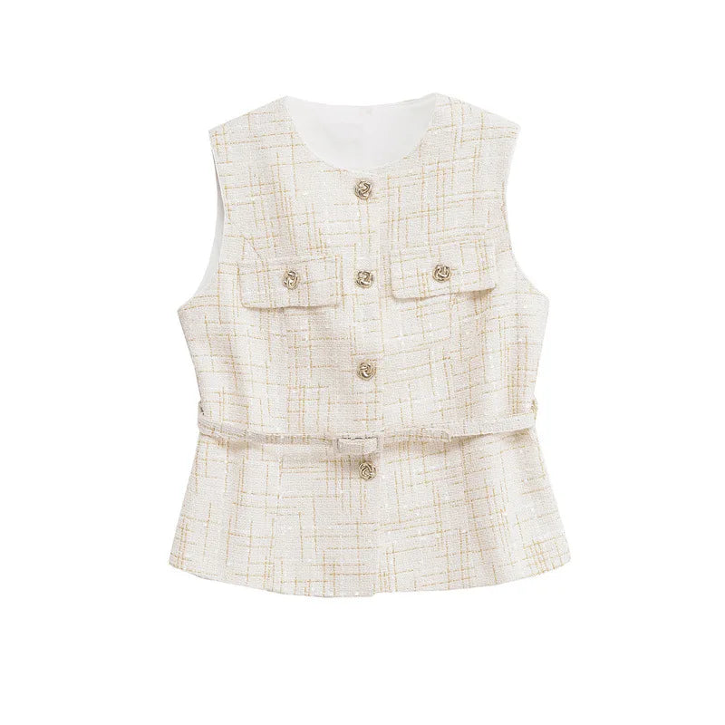 Beige checkered vest with buttons on a white background