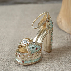 Pearl Rhinestone Open Toe High Heels Women Shoes. Golden Atelier 4