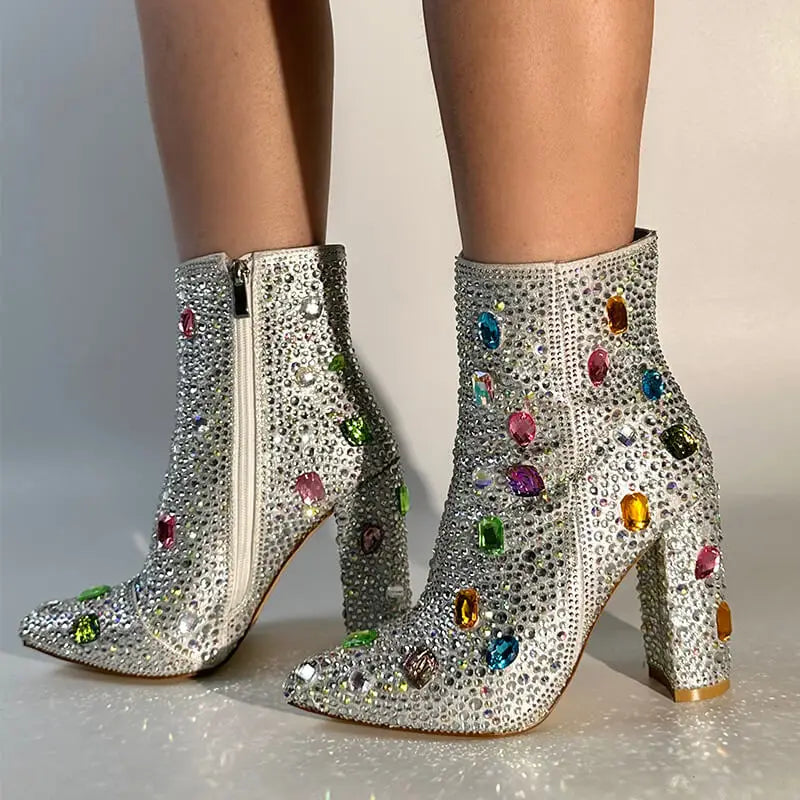 Rhinestone pointed toe ankle boots with chunky heel and multicolor gemstone accents