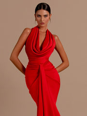 Red Halter Drape Pleated Long Dress