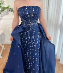 Blue Strapless Mermaid Overskirt Beaded Formal Evening Dress