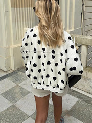 White Heart Print Zipper Jacket With Pockets