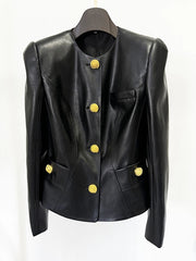 Black PU Leather Shrug Jacket with Y2K buttons for women.