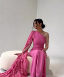 Feather Mermaid Pink Cape Sleeve Maxi Dress