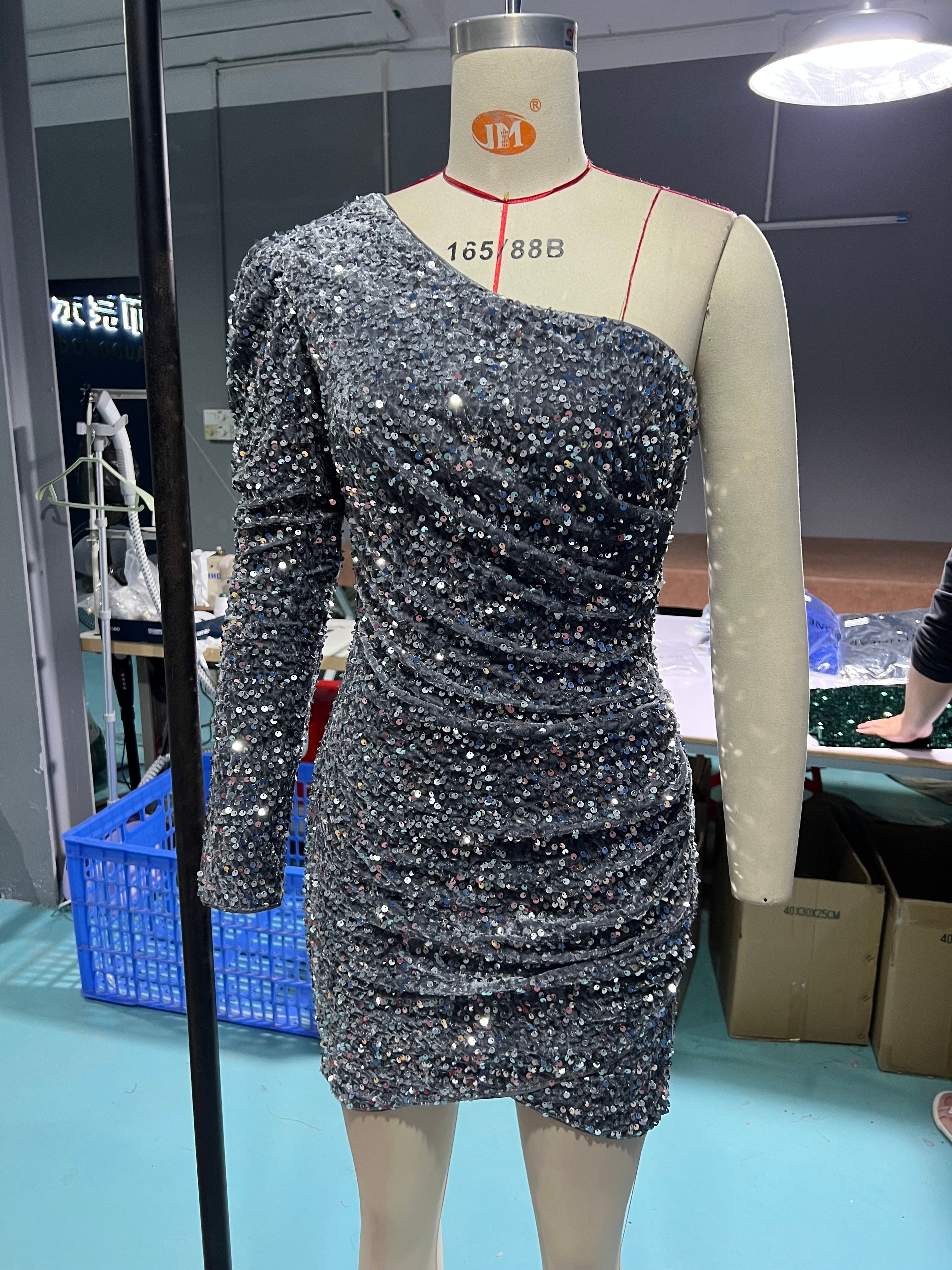 One Shoulder Irregular Sleeveless Sequin Mini Dress