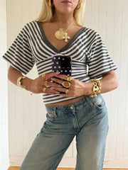 V-Neck Striped Knit Cropped Top with Dolman Sleeves