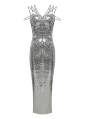 Silver sequin dress on a white background