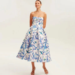 Floral printed strapless back tied rope dress