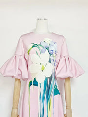 Pink Floral Printed Puff Sleeve Midi Dress