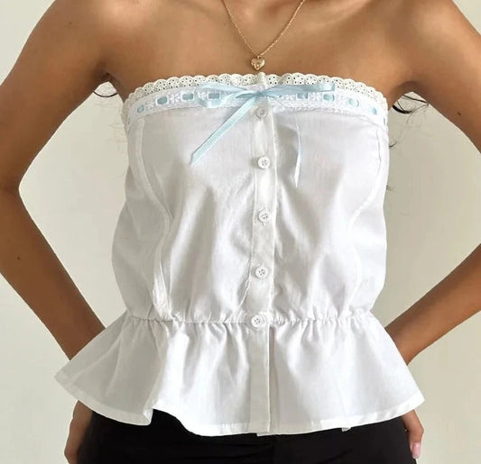 Lace Trim Button Up Ruffle Strapless White Tube Top