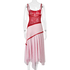 Pink Lace Patchwork Spaghetti Strap Maxi Dress