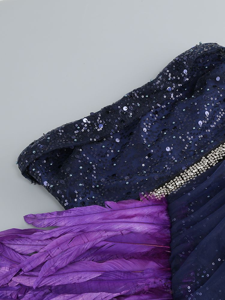 Women's Purple Strapless Sequins Feather Diamond Mini Dress 