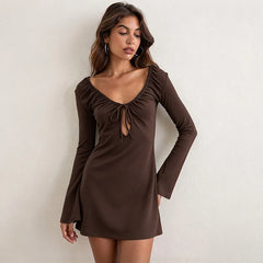 Brown long sleeve ruched V-neck mini dress