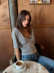 V-Neck Striped Knit Cropped Top with Dolman Sleeves